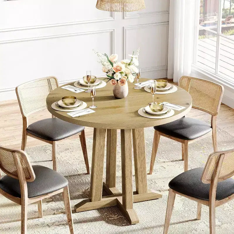 Table de salle à manger ronde Lantine de 80 cm pour 2-4 personnes, petite table de cuisine de style campagnard avec base robuste et unique pour salle à manger, petit espace, chêne