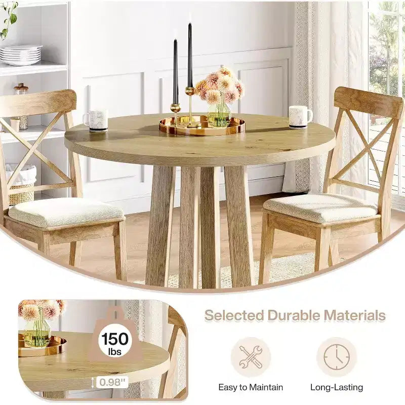 Table de salle à manger ronde Lantine de 80 cm pour 2-4 personnes, petite table de cuisine de style campagnard avec base robuste et unique pour salle à manger, petit espace, chêne