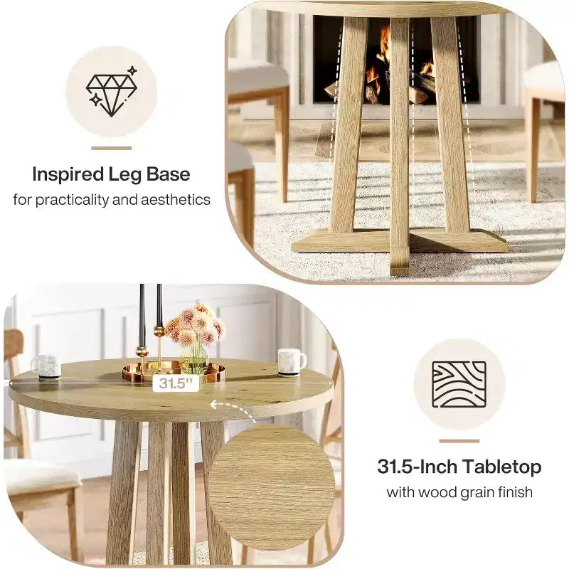 Table de salle à manger ronde Lantine de 80 cm pour 2-4 personnes, petite table de cuisine de style campagnard avec base robuste et unique pour salle à manger, petit espace, chêne