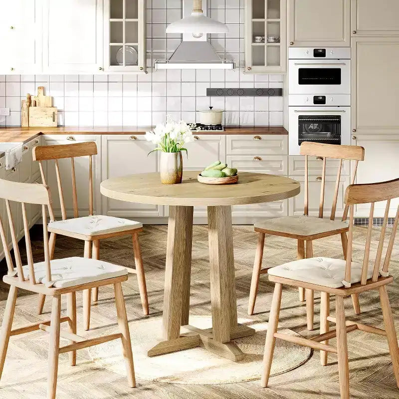 Table de salle à manger ronde Lantine de 80 cm pour 2-4 personnes, petite table de cuisine de style campagnard avec base robuste et unique pour salle à manger, petit espace, chêne