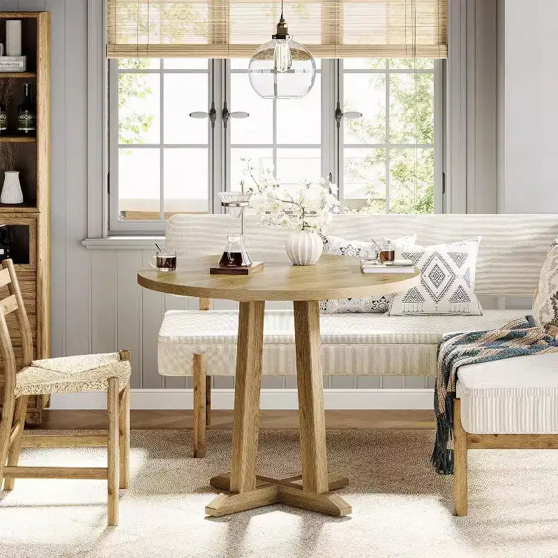 Table de salle à manger ronde Lantine de 80 cm pour 2-4 personnes, petite table de cuisine de style campagnard avec base robuste et unique pour salle à manger, petit espace, chêne