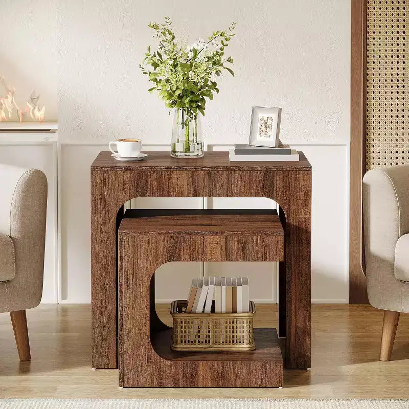 Tables d'appoint gigognes Lantine, tables d'appoint en noyer pour salon, tables de chevet pour chambre à coucher, petits espaces, marron