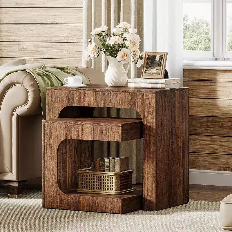 Tables d'appoint gigognes Lantine, tables d'appoint en noyer pour salon, tables de chevet pour chambre à coucher, petits espaces, marron
