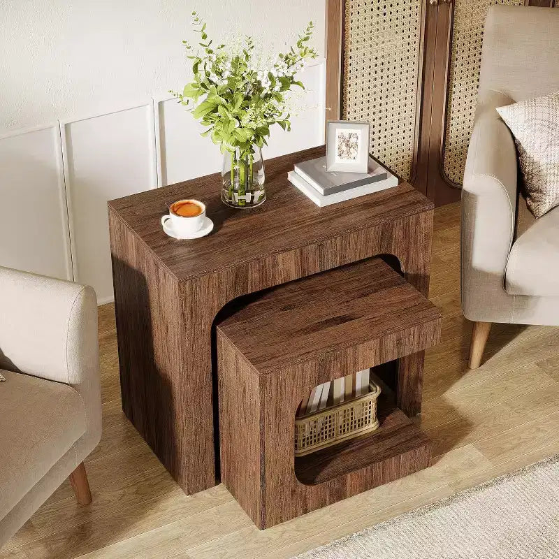 Tables d'appoint gigognes Lantine, tables d'appoint en noyer pour salon, tables de chevet pour chambre à coucher, petits espaces, marron