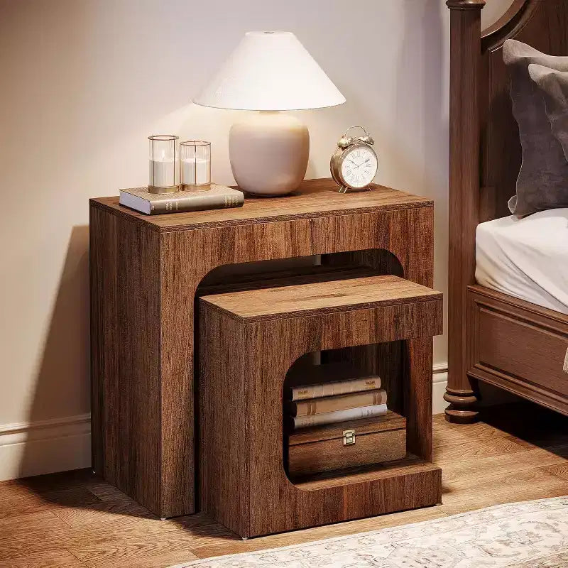 Tables d'appoint gigognes Lantine, tables d'appoint en noyer pour salon, tables de chevet pour chambre à coucher, petits espaces, marron