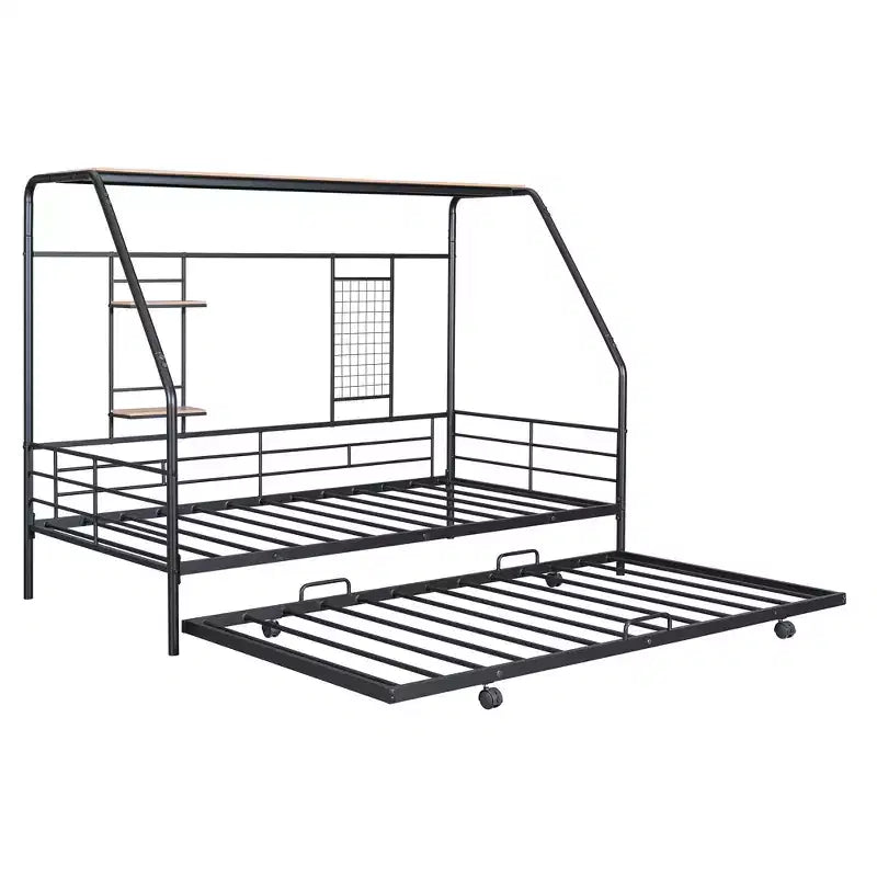 Lit de repos cabane avec lit gigogne et étagère de rangement, cadre de lit robuste pour enfants, adolescents et adultes