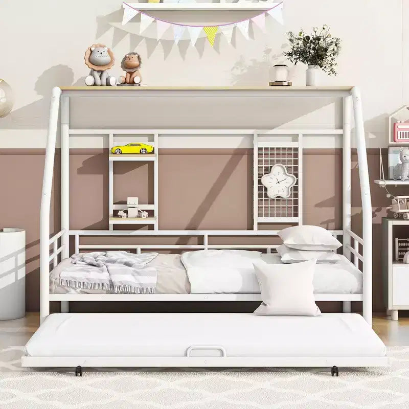 Lit de repos cabane avec lit gigogne et étagère de rangement, cadre de lit robuste pour enfants, adolescents et adultes