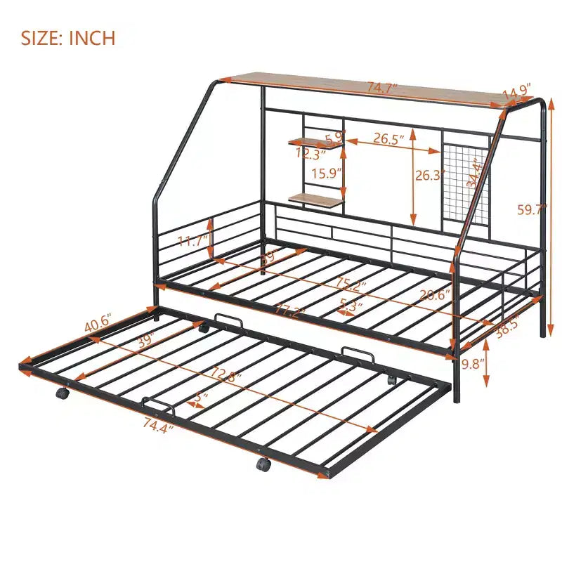 Lit de repos cabane avec lit gigogne et étagère de rangement, cadre de lit robuste pour enfants, adolescents et adultes