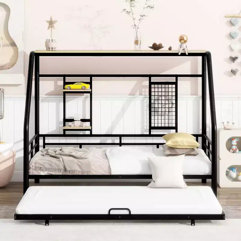 Lit de repos cabane avec lit gigogne et étagère de rangement, cadre de lit robuste pour enfants, adolescents et adultes