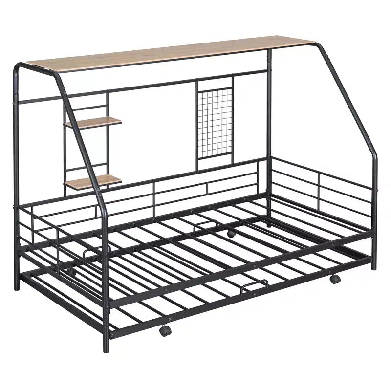 Lit de repos cabane avec lit gigogne et étagère de rangement, cadre de lit robuste pour enfants, adolescents et adultes