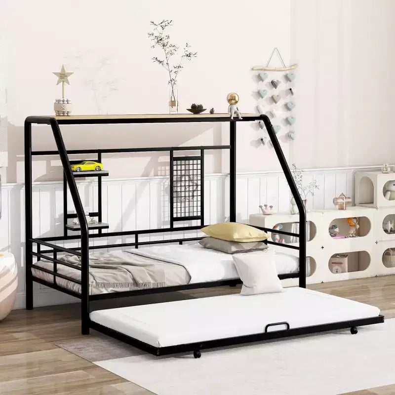 House Daybed with Trundle and Storage Shelf, Heavy Duty Bed Frame for Kids Teens Adults