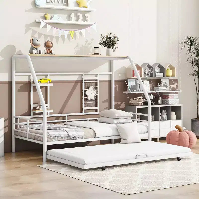 Lit de repos cabane avec lit gigogne et étagère de rangement, cadre de lit robuste pour enfants, adolescents et adultes
