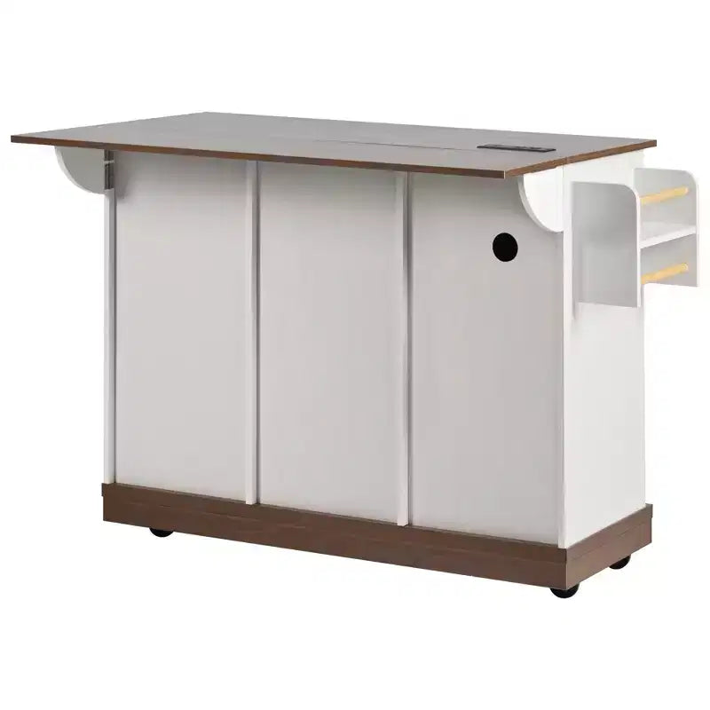 55,5" Ilot de cuisine de style campagnard avec porte coulissante en forme de grange, abattant, 3 tiroirs, prise de courant, chariot roulant avec porte-épices et porte-serviettes