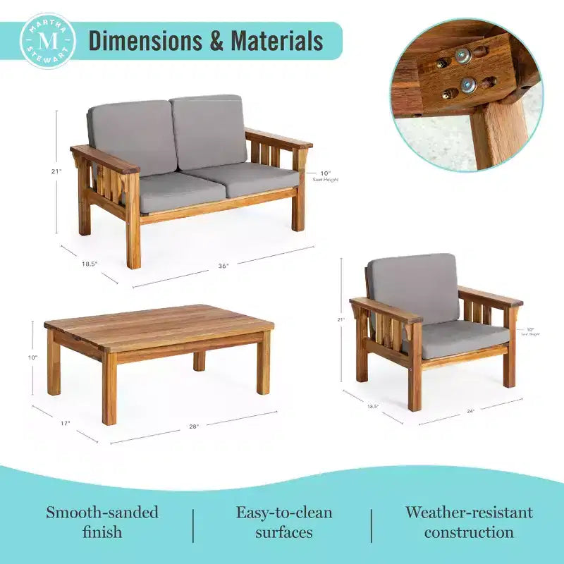 Martha Stewart Kids Salon de jardin pour enfants : Ensemble canapé, chaise et table en bois d'acacia | Table de pique-nique, chaise et canapé pour jardin, patio