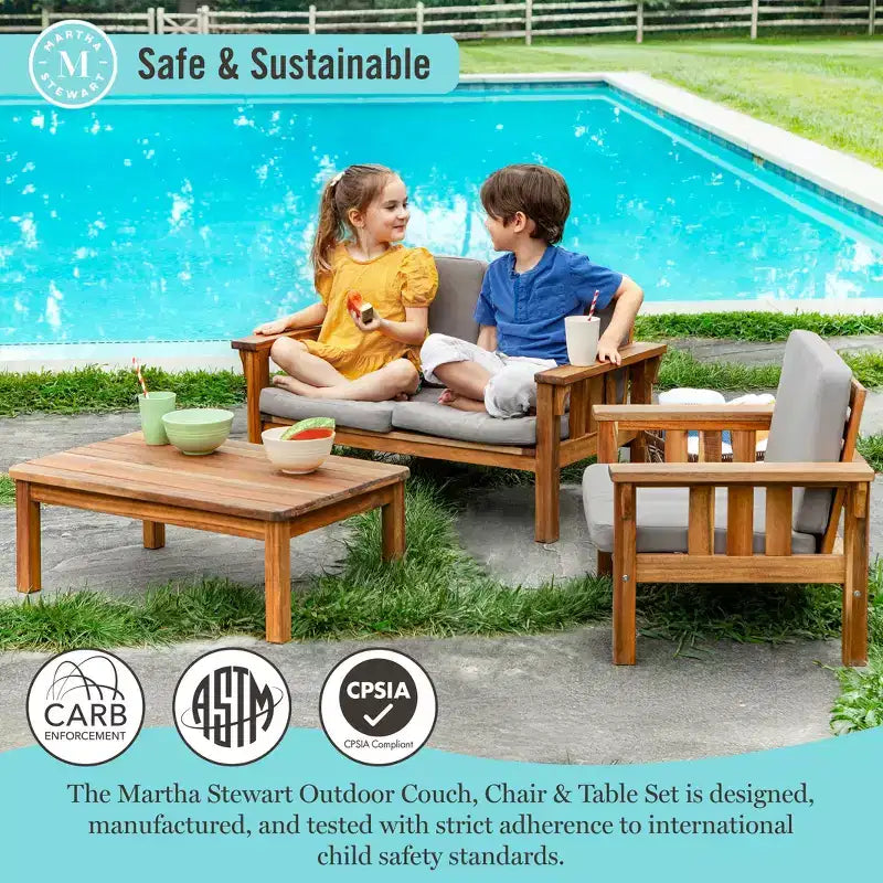 Martha Stewart Kids Salon de jardin pour enfants : Ensemble canapé, chaise et table en bois d'acacia | Table de pique-nique, chaise et canapé pour jardin, patio