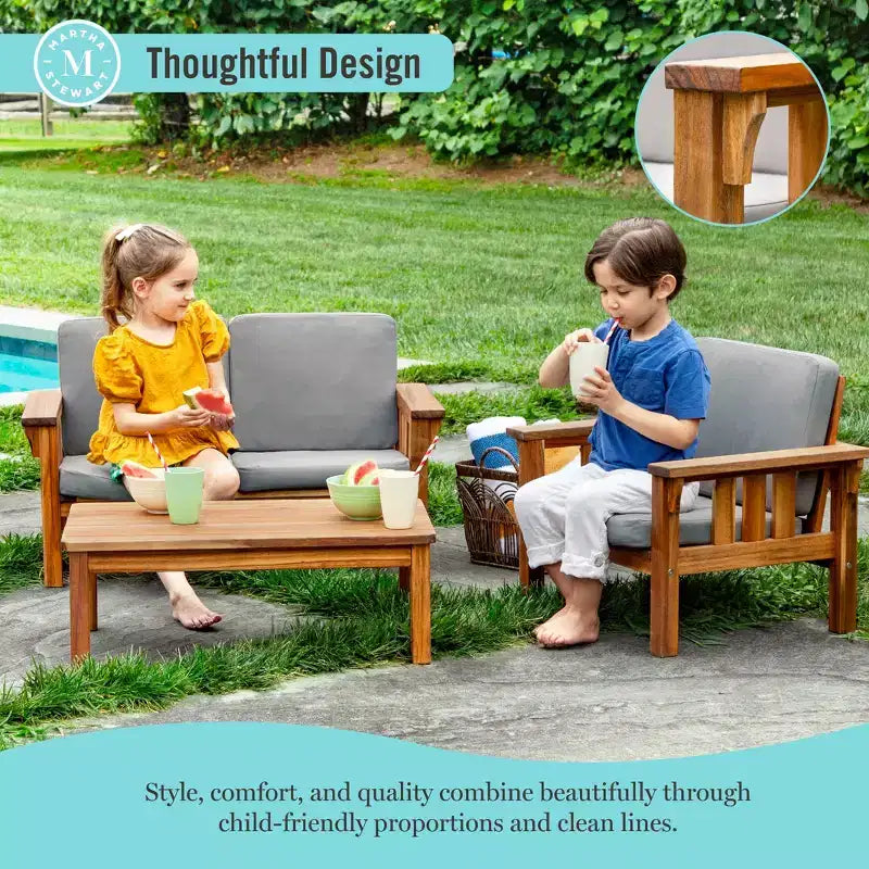 Martha Stewart Kids Salon de jardin pour enfants : Ensemble canapé, chaise et table en bois d'acacia | Table de pique-nique, chaise et canapé pour jardin, patio