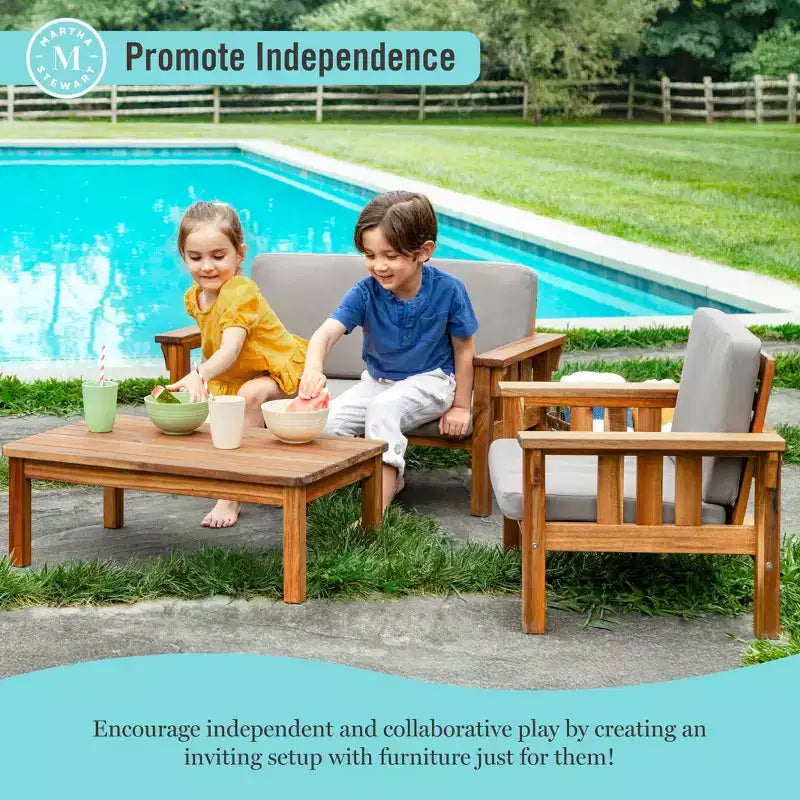 Martha Stewart Kids Salon de jardin pour enfants : Ensemble canapé, chaise et table en bois d'acacia | Table de pique-nique, chaise et canapé pour jardin, patio