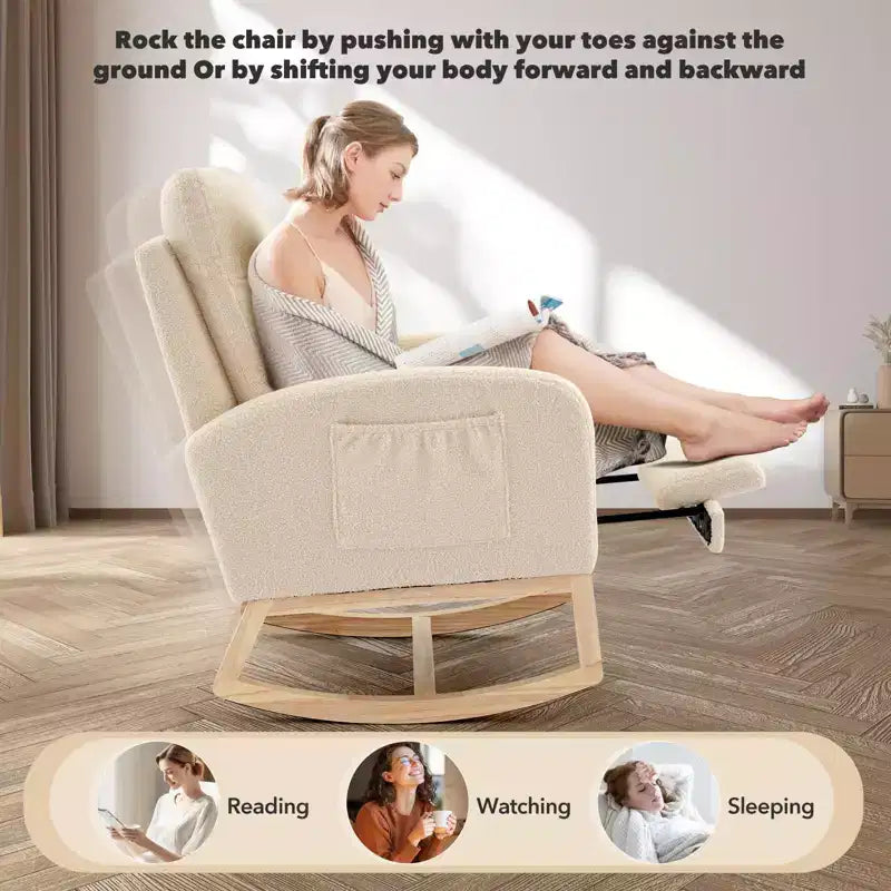 Fauteuil à bascule rembourré et confortable avec repose-pieds réglable et pochette latérale, fauteuil d'appoint moderne pour chambre de bébé ou salon