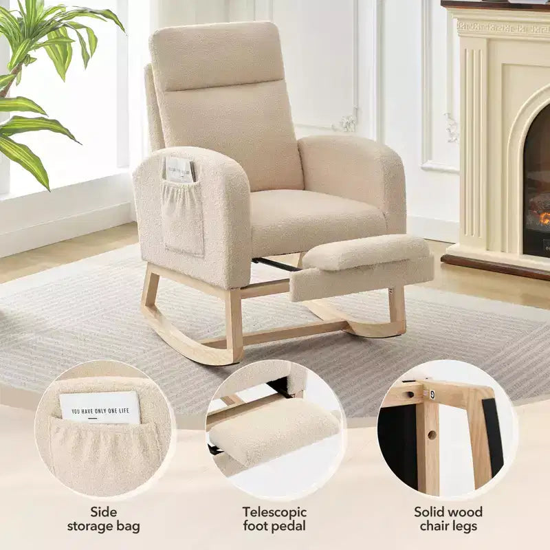 Fauteuil à bascule rembourré et confortable avec repose-pieds réglable et pochette latérale, fauteuil d'appoint moderne pour chambre de bébé ou salon