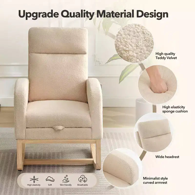 Fauteuil à bascule rembourré et confortable avec repose-pieds réglable et pochette latérale, fauteuil d'appoint moderne pour chambre de bébé ou salon