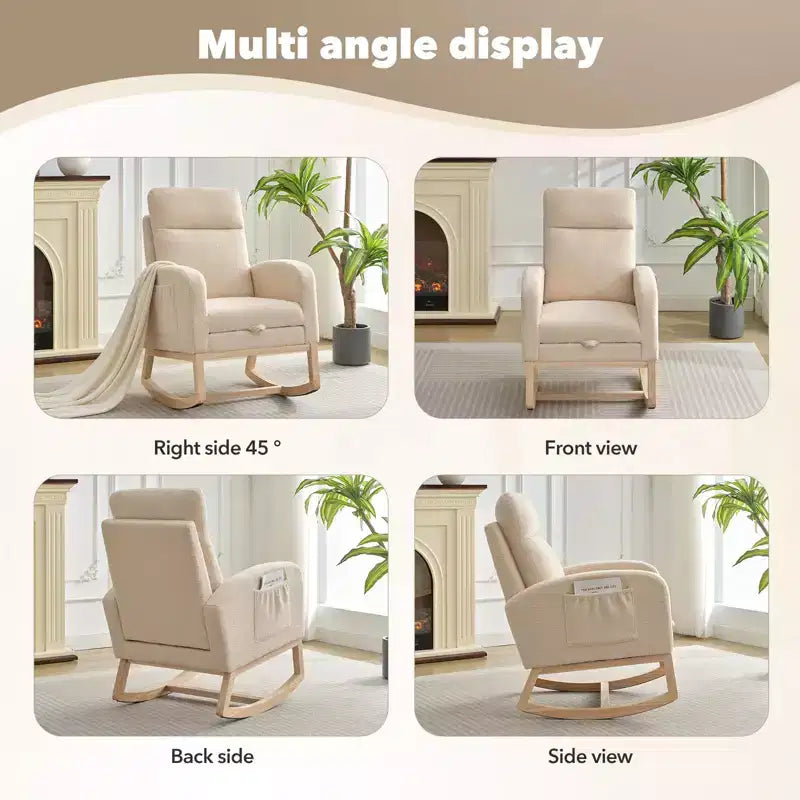 Fauteuil à bascule rembourré et confortable avec repose-pieds réglable et pochette latérale, fauteuil d'appoint moderne pour chambre de bébé ou salon