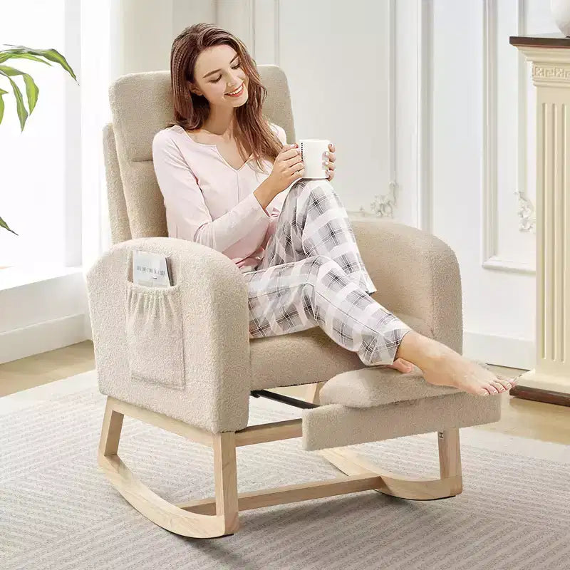 Fauteuil à bascule rembourré et confortable avec repose-pieds réglable et pochette latérale, fauteuil d'appoint moderne pour chambre de bébé ou salon