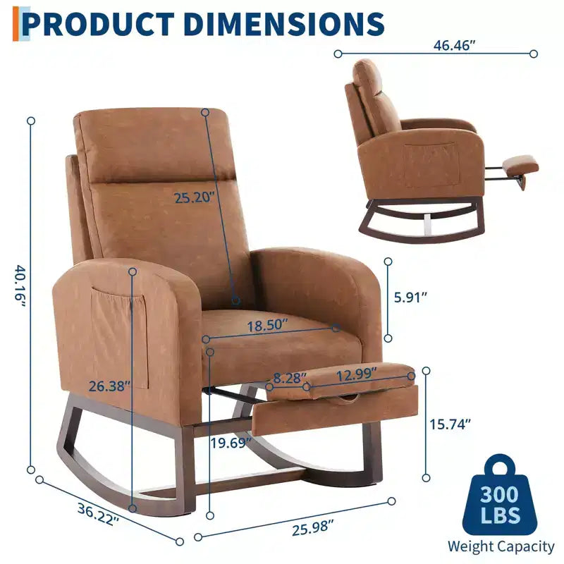 Fauteuil à bascule rembourré et confortable avec repose-pieds réglable et pochette latérale, fauteuil d'appoint moderne pour chambre de bébé ou salon