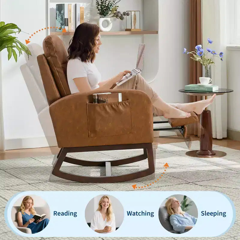 Fauteuil à bascule rembourré et confortable avec repose-pieds réglable et pochette latérale, fauteuil d'appoint moderne pour chambre de bébé ou salon
