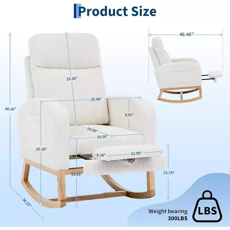 Fauteuil à bascule rembourré et confortable avec repose-pieds réglable et pochette latérale, fauteuil d'appoint moderne pour chambre de bébé ou salon