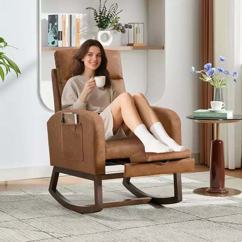 Fauteuil à bascule rembourré et confortable avec repose-pieds réglable et pochette latérale, fauteuil d'appoint moderne pour chambre de bébé ou salon