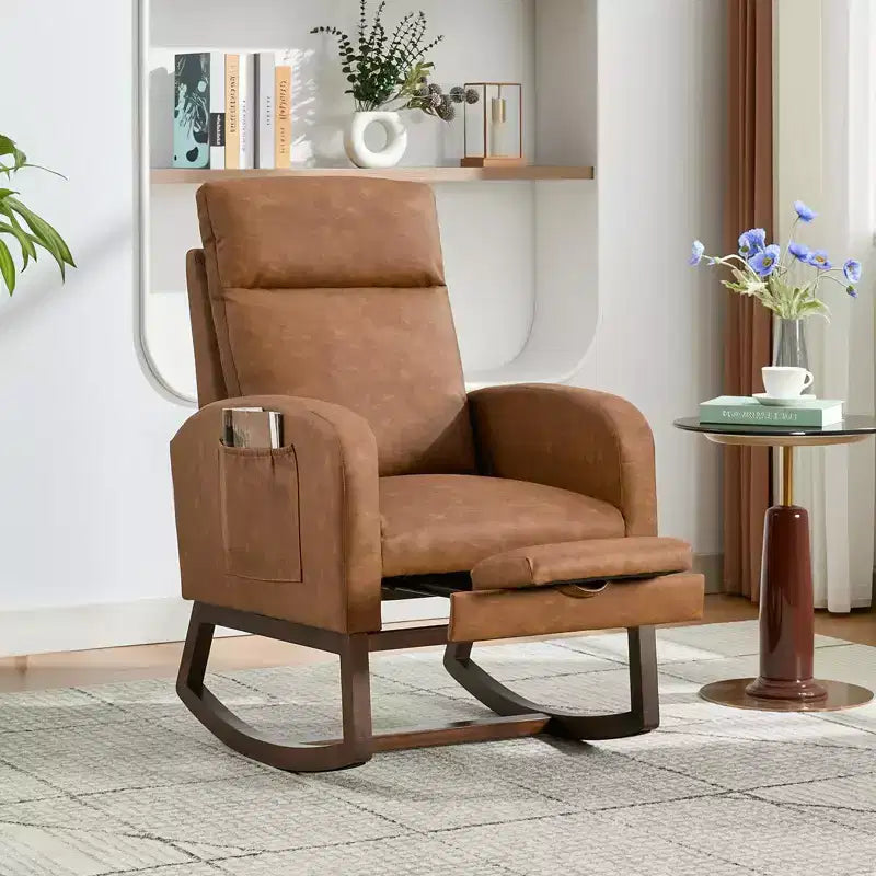 Fauteuil à bascule rembourré et confortable avec repose-pieds réglable et pochette latérale, fauteuil d'appoint moderne pour chambre de bébé ou salon