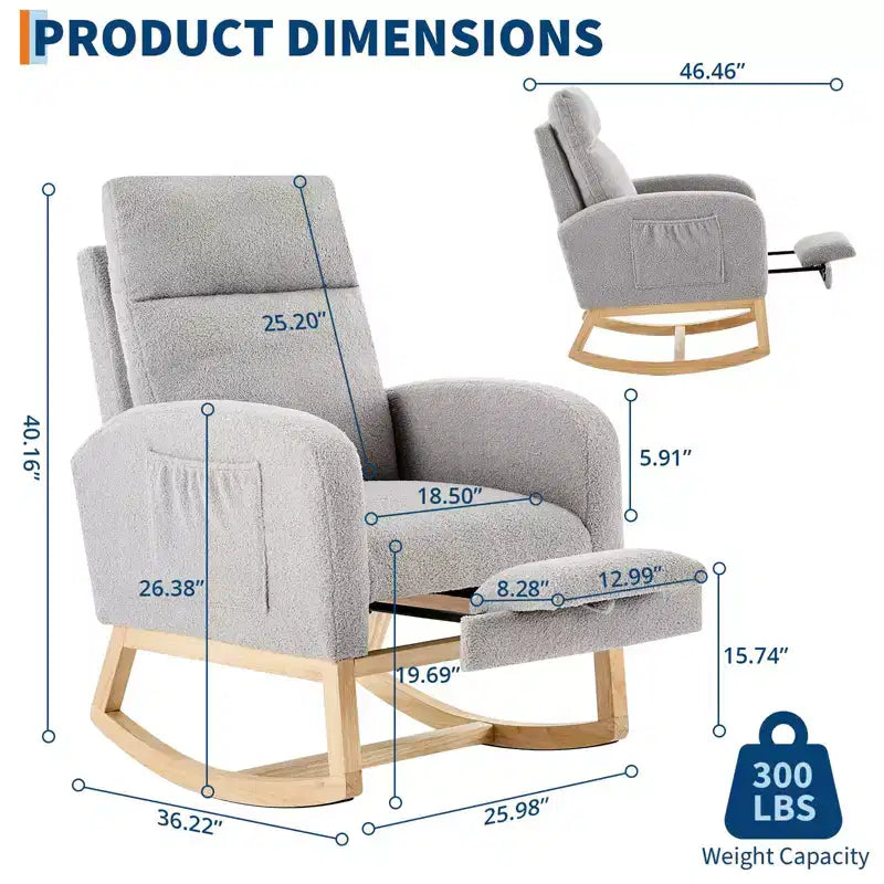 Fauteuil à bascule rembourré et confortable avec repose-pieds réglable et pochette latérale, fauteuil d'appoint moderne pour chambre de bébé ou salon