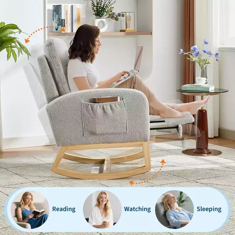Fauteuil à bascule rembourré et confortable avec repose-pieds réglable et pochette latérale, fauteuil d'appoint moderne pour chambre de bébé ou salon