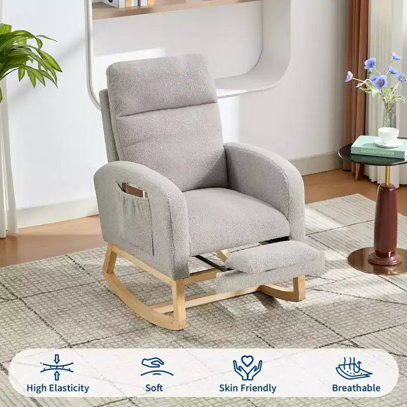 Fauteuil à bascule rembourré et confortable avec repose-pieds réglable et pochette latérale, fauteuil d'appoint moderne pour chambre de bébé ou salon