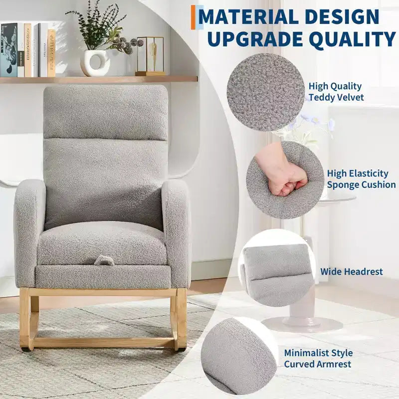 Fauteuil à bascule rembourré et confortable avec repose-pieds réglable et pochette latérale, fauteuil d'appoint moderne pour chambre de bébé ou salon