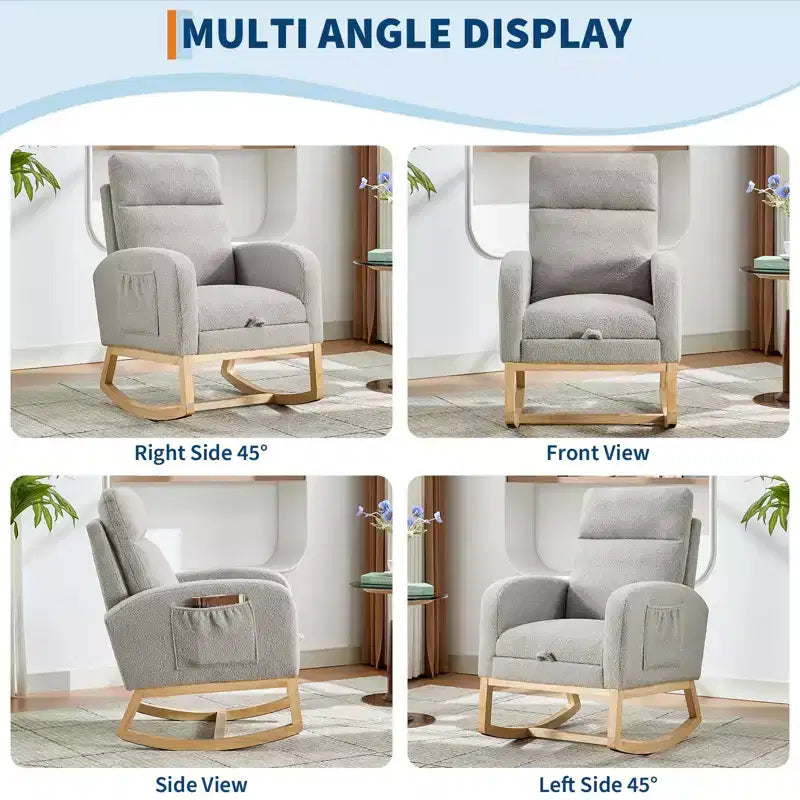 Fauteuil à bascule rembourré et confortable avec repose-pieds réglable et pochette latérale, fauteuil d'appoint moderne pour chambre de bébé ou salon