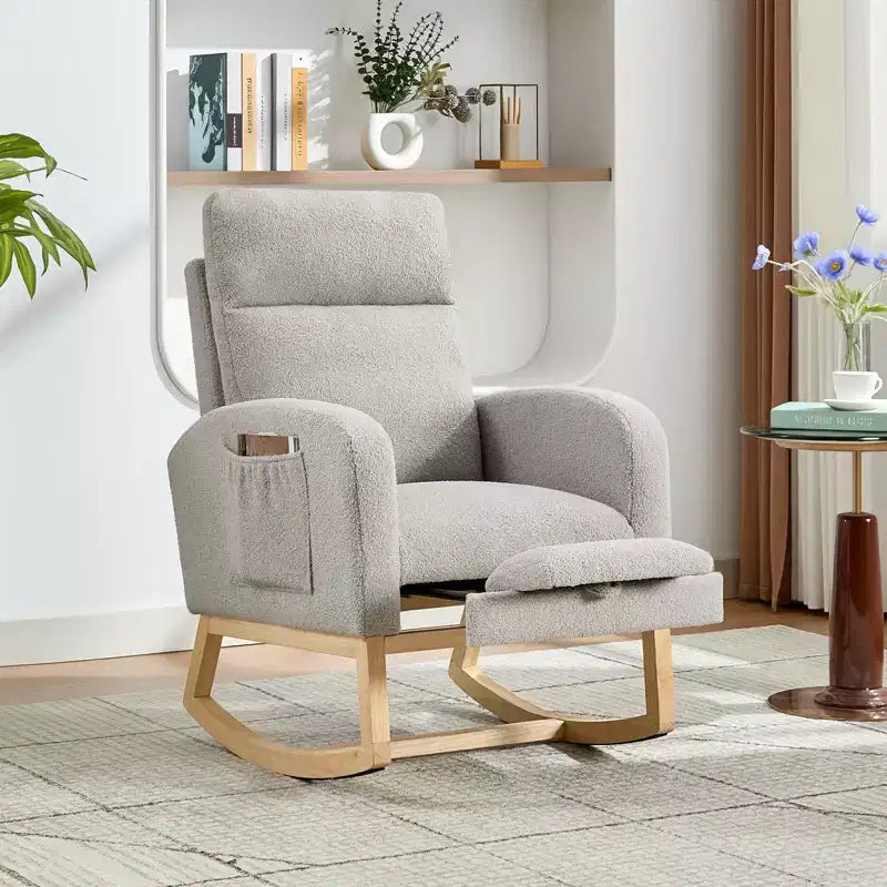 Fauteuil à bascule rembourré et confortable avec repose-pieds réglable et pochette latérale, fauteuil d'appoint moderne pour chambre de bébé ou salon