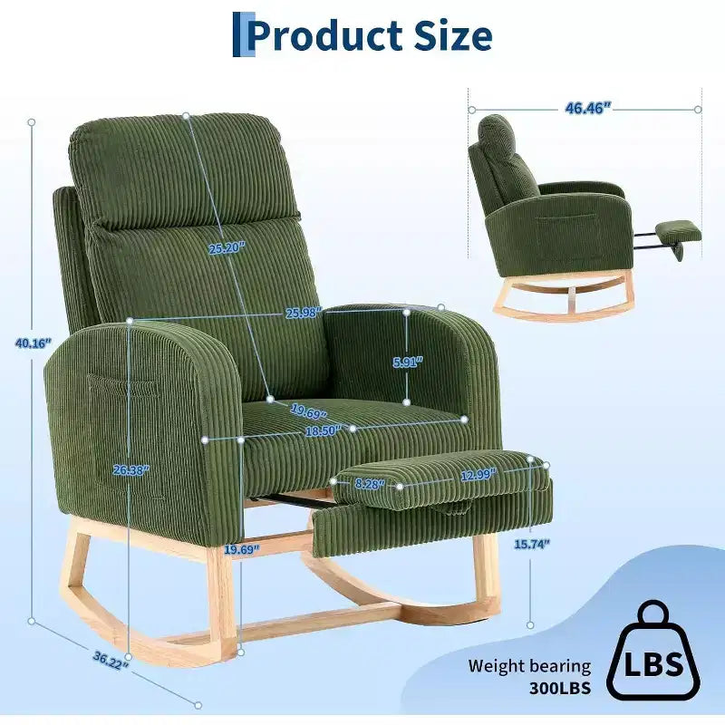 Fauteuil à bascule rembourré et confortable avec repose-pieds réglable et pochette latérale, fauteuil d'appoint moderne pour chambre de bébé ou salon