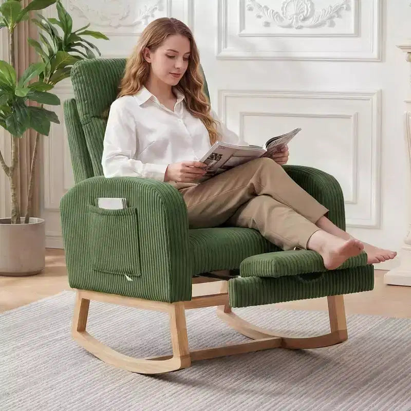 Fauteuil à bascule rembourré et confortable avec repose-pieds réglable et pochette latérale, fauteuil d'appoint moderne pour chambre de bébé ou salon