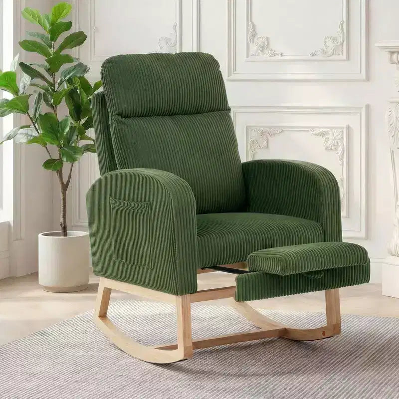 Fauteuil à bascule rembourré et confortable avec repose-pieds réglable et pochette latérale, fauteuil d'appoint moderne pour chambre de bébé ou salon