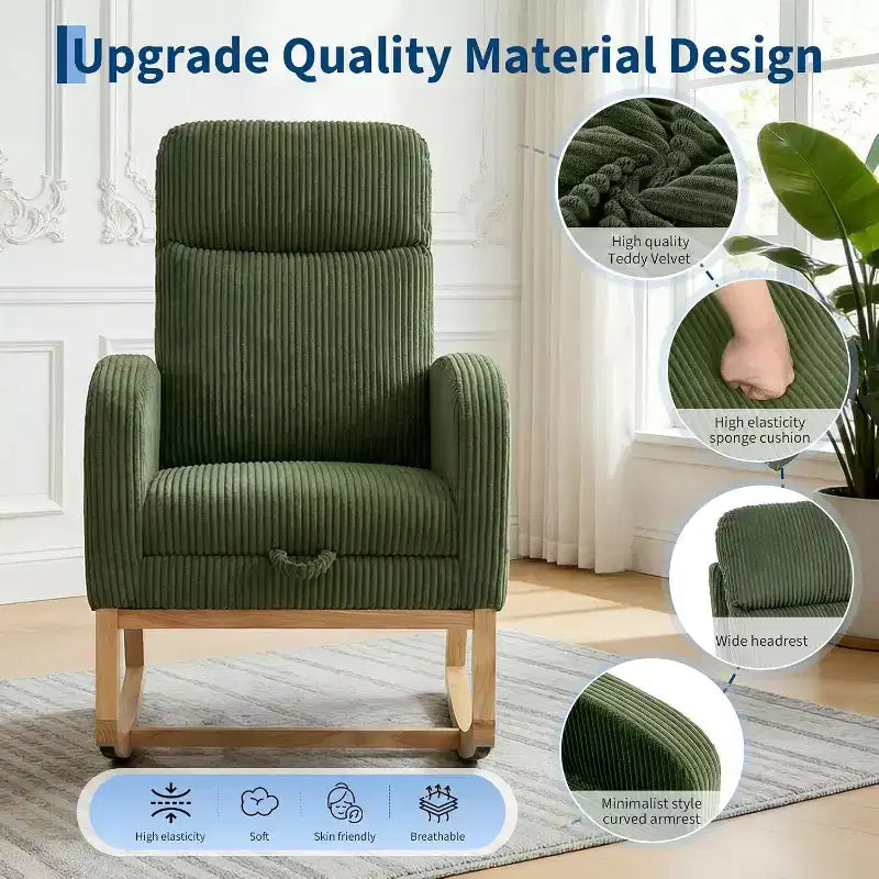 Fauteuil à bascule rembourré et confortable avec repose-pieds réglable et pochette latérale, fauteuil d'appoint moderne pour chambre de bébé ou salon