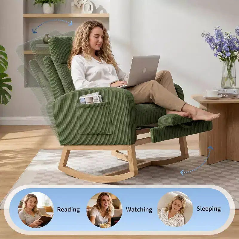 Fauteuil à bascule rembourré et confortable avec repose-pieds réglable et pochette latérale, fauteuil d'appoint moderne pour chambre de bébé ou salon