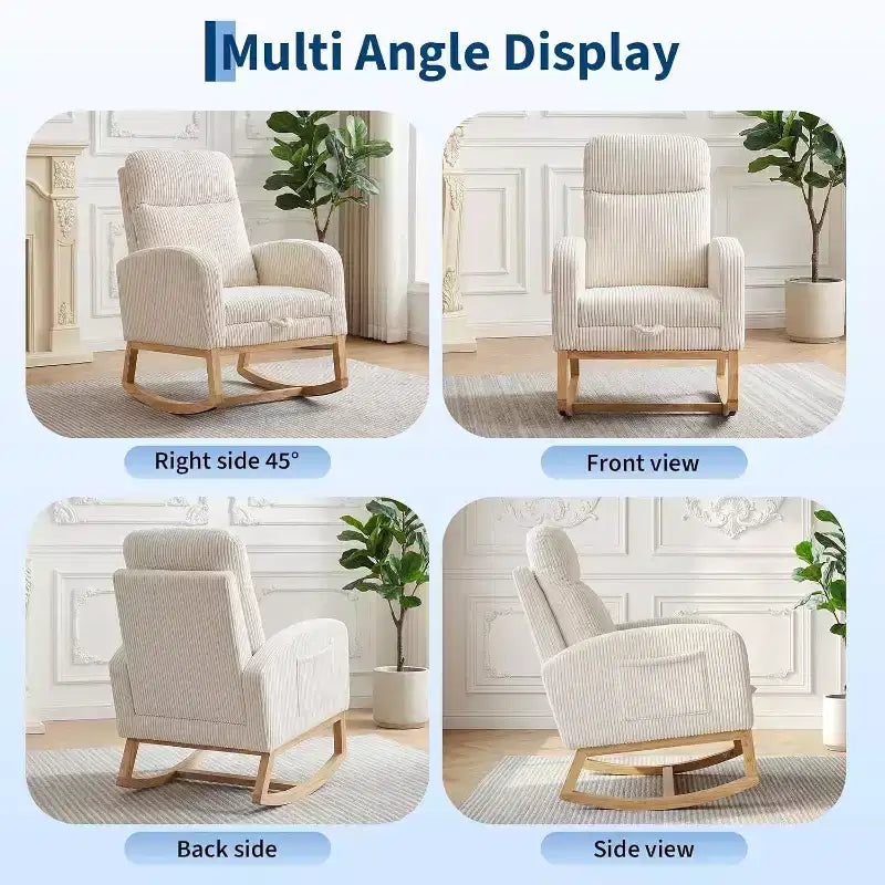 Fauteuil à bascule rembourré et confortable avec repose-pieds réglable et pochette latérale, fauteuil d'appoint moderne pour chambre de bébé ou salon