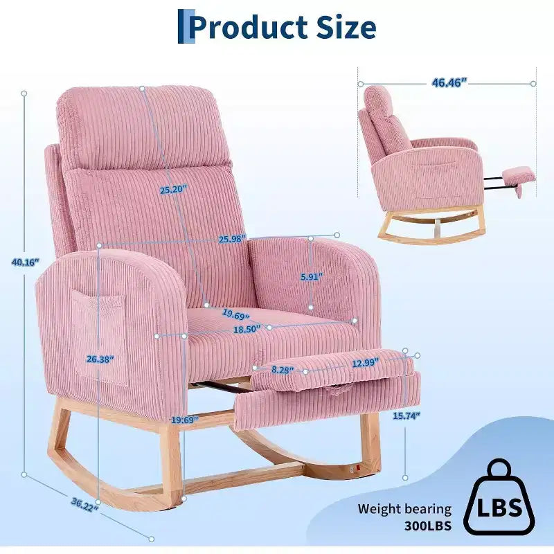 Fauteuil à bascule rembourré et confortable avec repose-pieds réglable et pochette latérale, fauteuil d'appoint moderne pour chambre de bébé ou salon