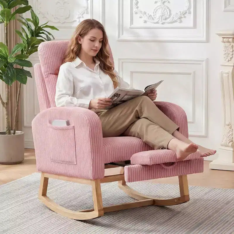 Fauteuil à bascule rembourré et confortable avec repose-pieds réglable et pochette latérale, fauteuil d'appoint moderne pour chambre de bébé ou salon