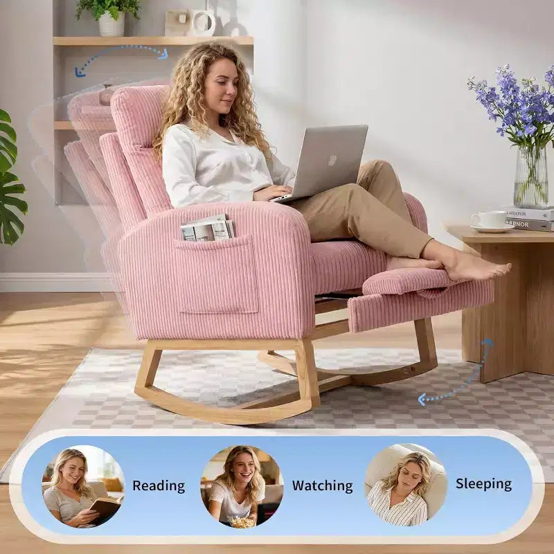 Fauteuil à bascule rembourré et confortable avec repose-pieds réglable et pochette latérale, fauteuil d'appoint moderne pour chambre de bébé ou salon
