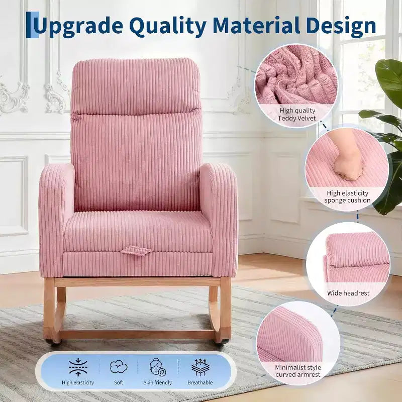 Fauteuil à bascule rembourré et confortable avec repose-pieds réglable et pochette latérale, fauteuil d'appoint moderne pour chambre de bébé ou salon