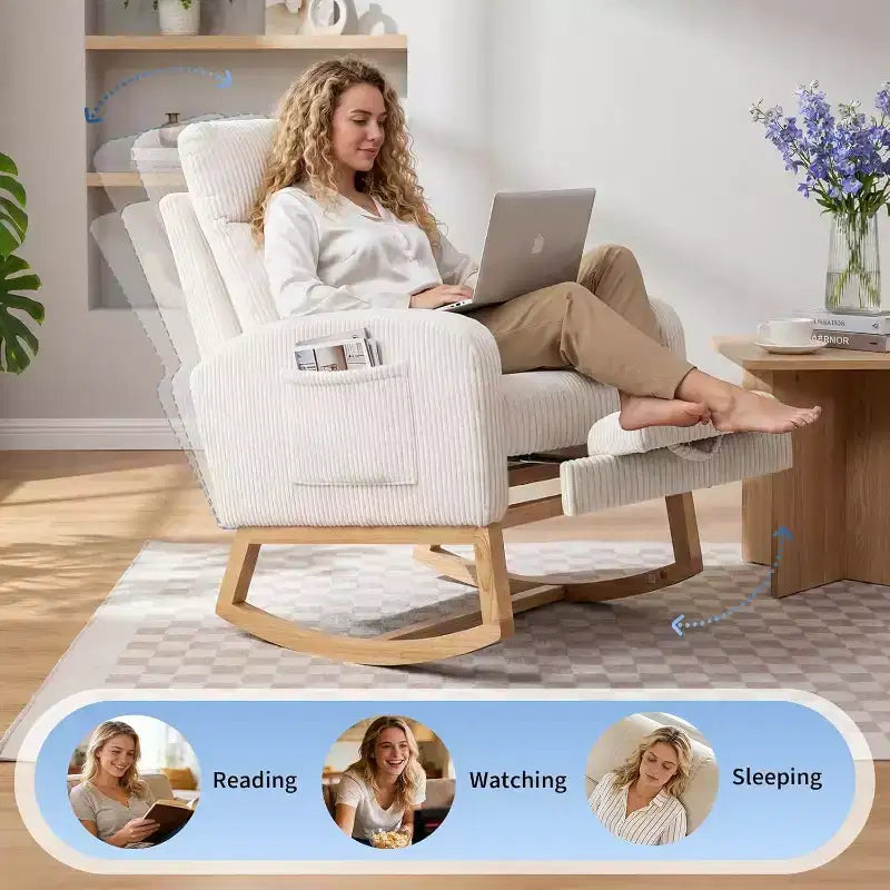 Fauteuil à bascule rembourré et confortable avec repose-pieds réglable et pochette latérale, fauteuil d'appoint moderne pour chambre de bébé ou salon