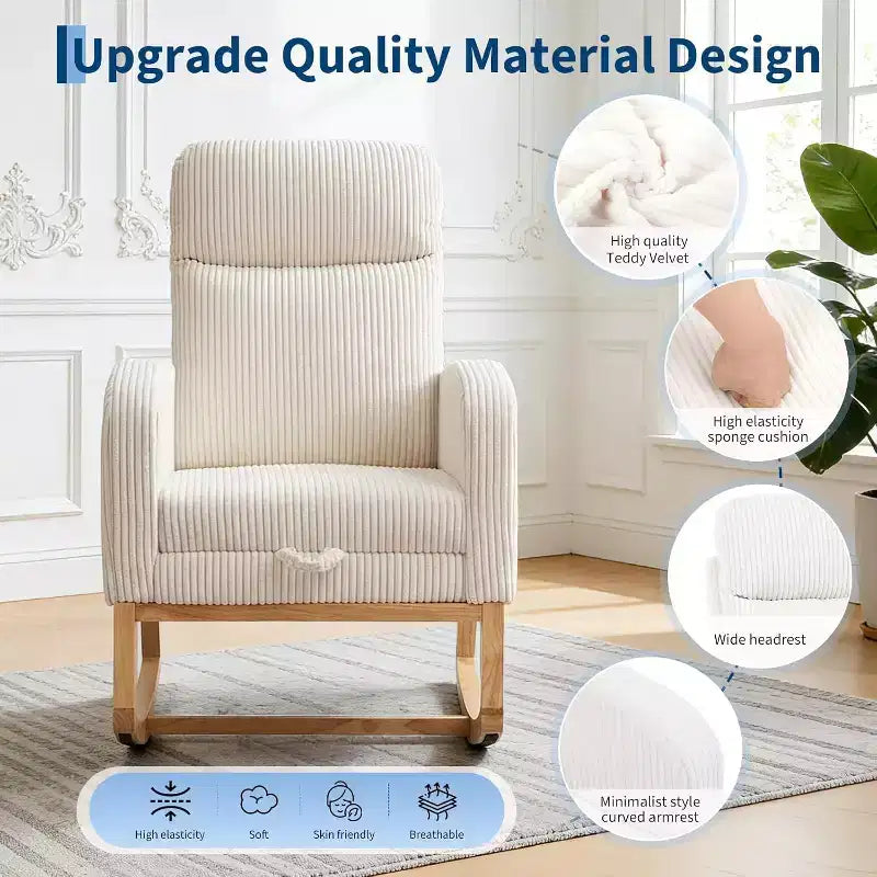 Fauteuil à bascule rembourré et confortable avec repose-pieds réglable et pochette latérale, fauteuil d'appoint moderne pour chambre de bébé ou salon