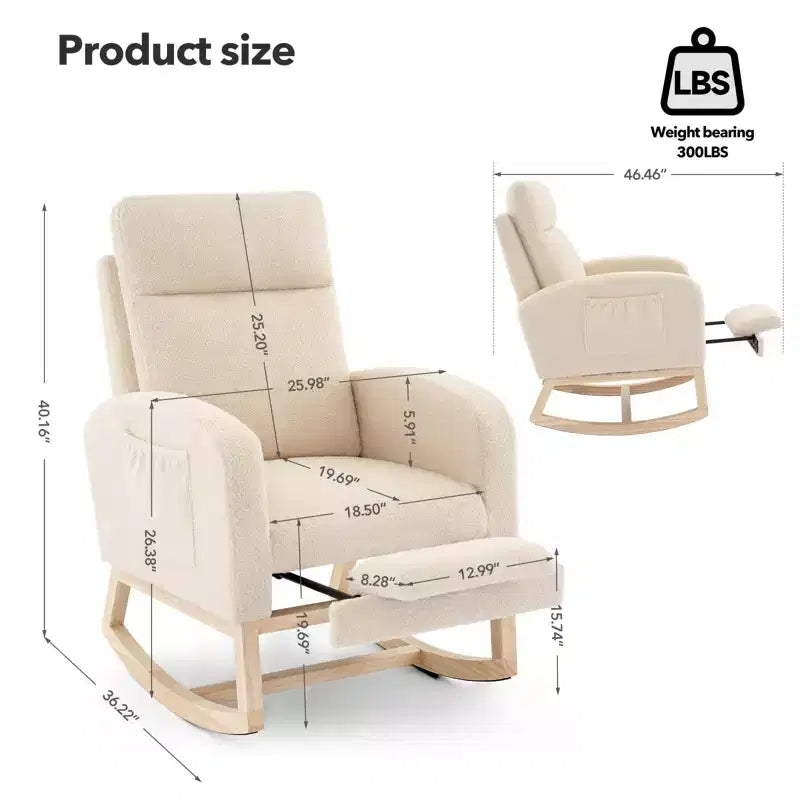 Fauteuil à bascule rembourré et confortable avec repose-pieds réglable et pochette latérale, fauteuil d'appoint moderne pour chambre de bébé ou salon
